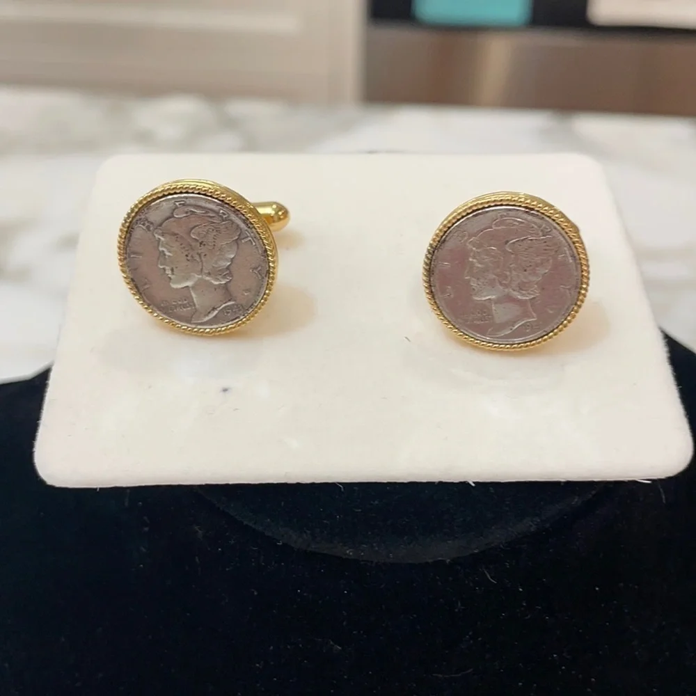Gorgeous Silver Dime Cuff Links Gold Tone EUC!!
